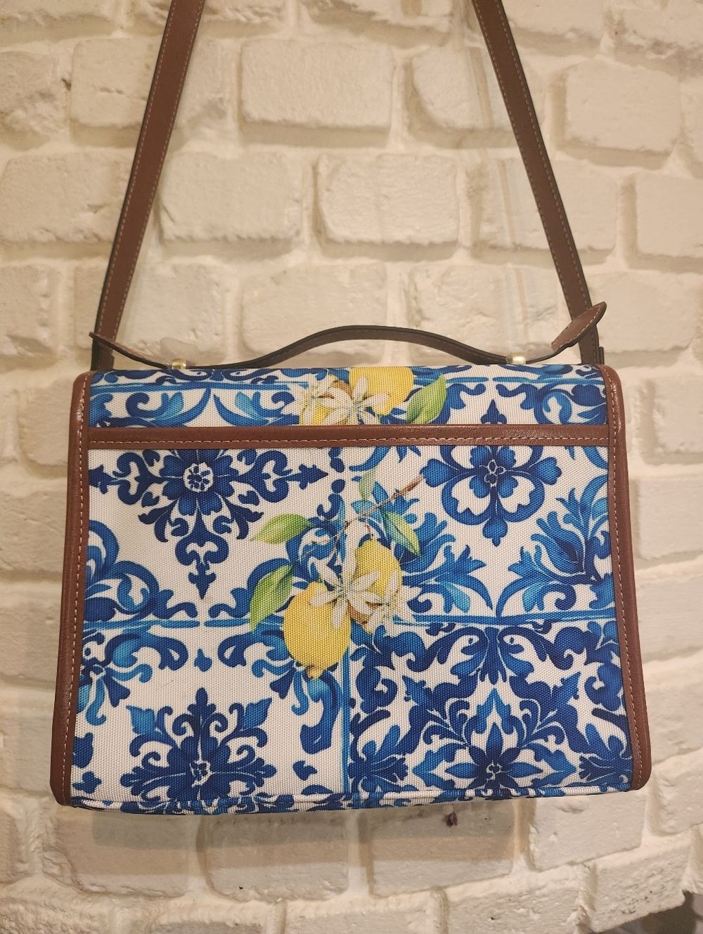 Santorini Style Blue Tile & Lemons Print Crossbody Bag W/Brown Faux Leather Trim - Picture 7 of 10